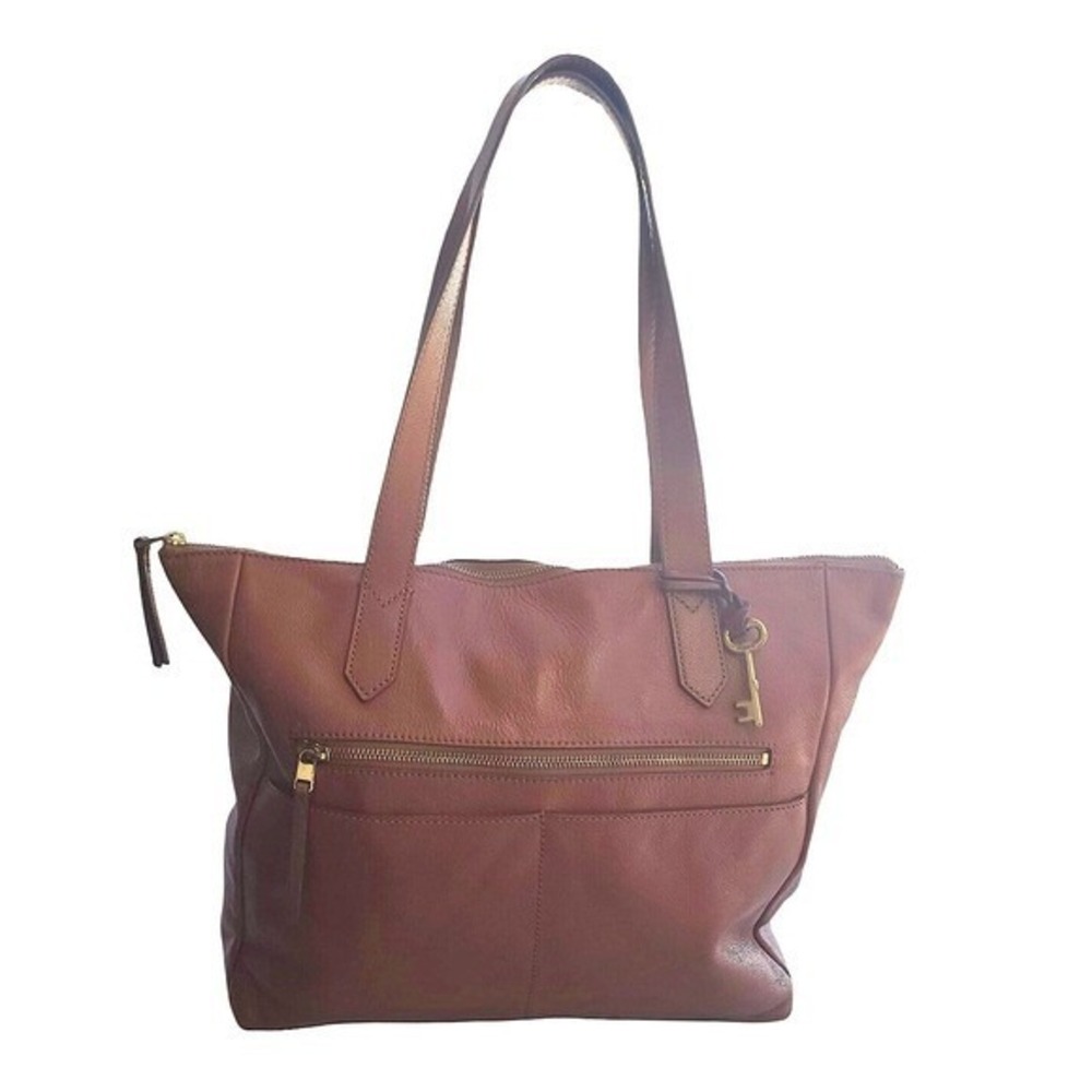 Fossil RACHEL Cognac Brown Cowhide Leather Tote Shoulder Bag Brass Hardware